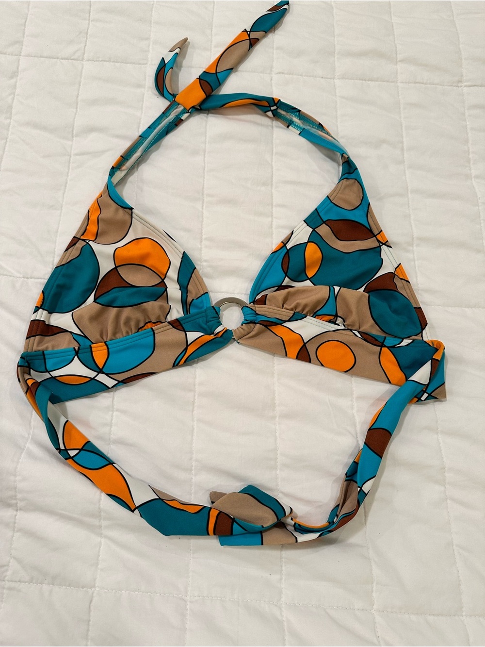 Halter Bikini Top in Teal, Orange & Tan with Center Ring